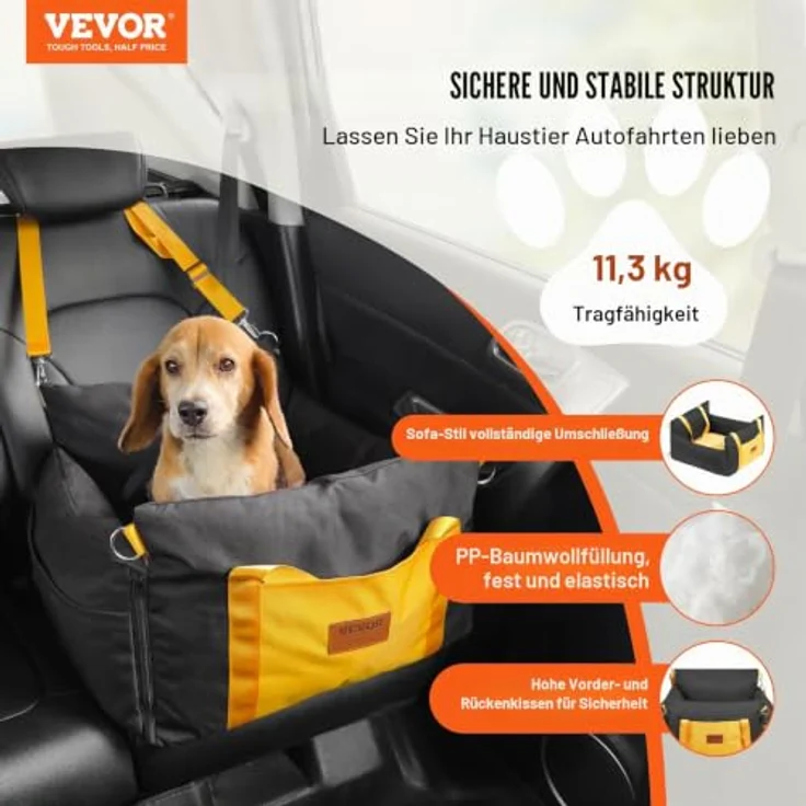VEVOR Hunde Autositz 585 x 560 x 330 mm, sicherer und komfortabler Autositz mit seitlichen Griffen, Aufbewahrungstasche und ansteckbarer Sicherheitsleine, für kleine Hunde bis 11 kg, Schwarz – Bild 2