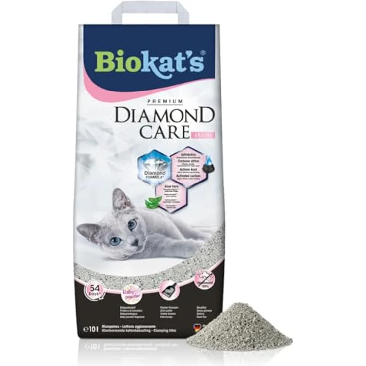 Biokat's Diamond Care Fresh Katzenstreu, Klumpstreu mit Babypuder-Duft, Bentonit mit Aktivkohle und Aloe Vera, 10 L – Bild 1
