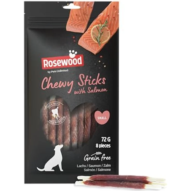 Rosewood Chewy Sticks Lachs Small – Kaustangen für Hunde mit Lachs, Rinderhautsnack, ohne Getreide, unterstützt die Zahnpflege, 72 g – Bild 1