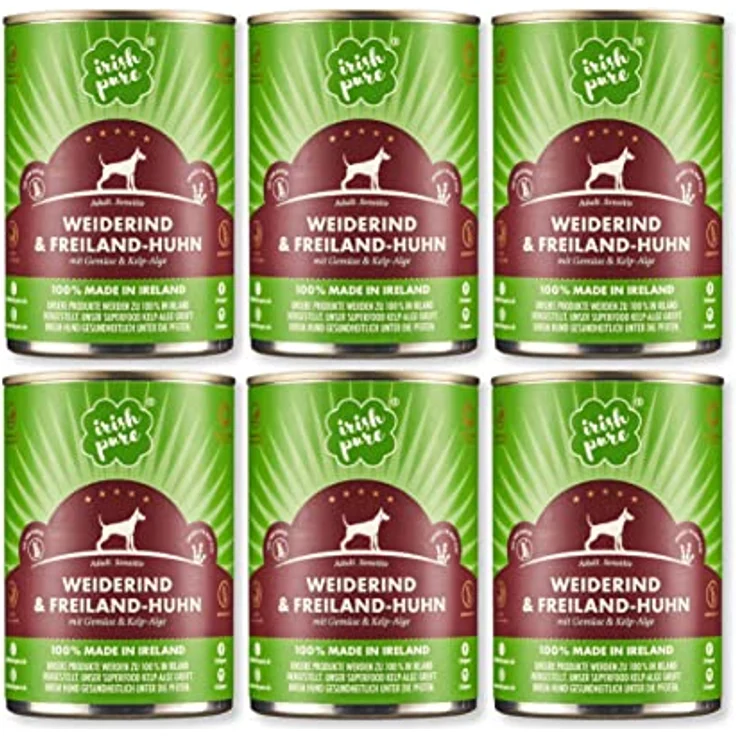 Irish Pure Premium Nassfutter für Hunde, Weiderind mit Superfood Kelp-Alge, getreidefrei, sensitiv, 6x 390g – Bild 1