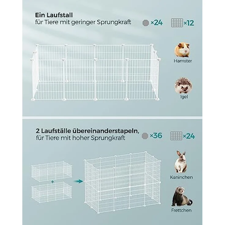 SONGMICS Freilauf, DIY-Kleintiergehege mit Metallgitter, für Kaninchen und Meerschweinchen, 123 x 63 x 41 cm, weiß LPI001W01 – Bild 4