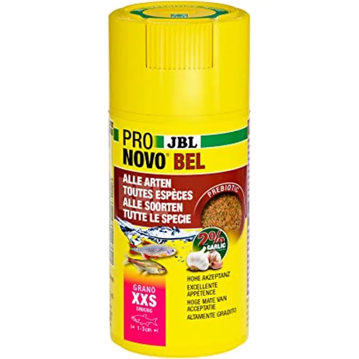 JBL PRONOVO BEL GRANO, Hauptfutter-Granulat für Aquarienfische 1-3 cm, prebiotisch, hohe Akzeptanz, Größe XXS, 100 ml