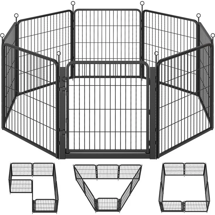 FEANDREA Freigehege Haustierlaufstall, flexibles Metall-Gitter mit breiter Tür, 170 x 170 x 80 cm, mattes Schwarz, für Indoor und Outdoor