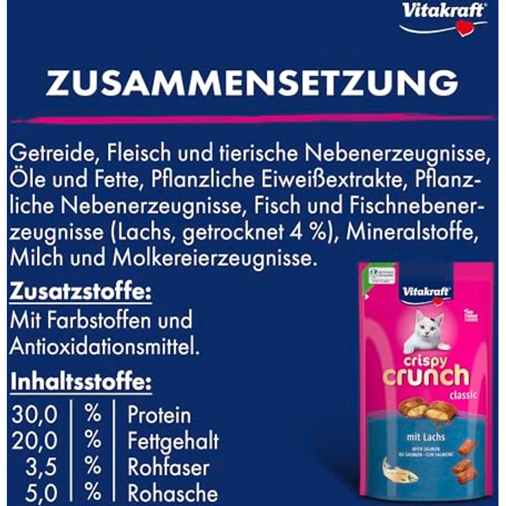 Vitakraft Crispy Crunch Classic, Katzen Leckerli mit Lachs, knuspriger Katzensnack im wiederverschließbaren Beutel, ohne Zuckerzusatz (60g) – Bild 3