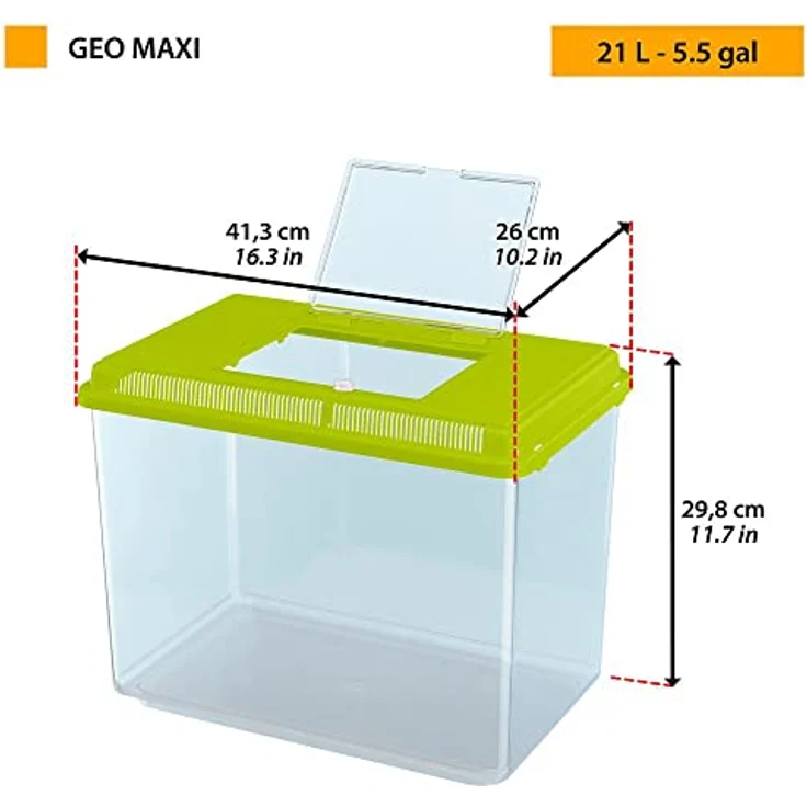 Ferplast GEO Maxi Tank, Aquarium aus robustem Kunststoff mit 21 L Fassungsvermögen, 41,3 x 26 x 29,8 cm, grün, mit Lüftungsgitter und abnehmbarem Deckel für Kleintiere, Fische und Insekten – Bild 2