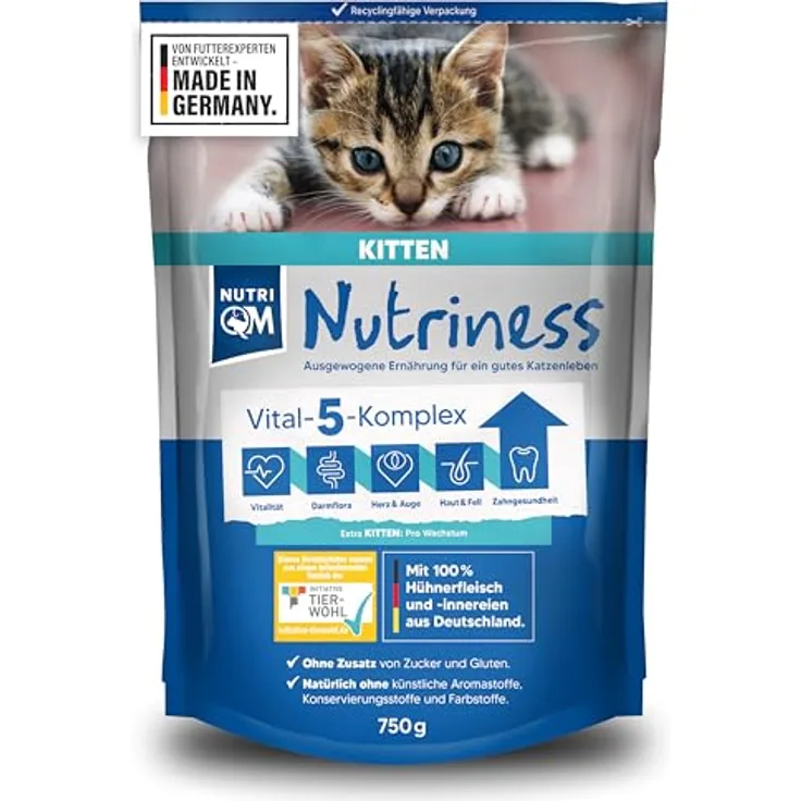 NutriQM® Nutriness Kitten Trockenfutter Huhn [5×750 g], ohne Gluten & Zucker, hoher Fleischanteil, für junge Katzen, Initiative Tierwohl Zertifiziert, Made in Germany