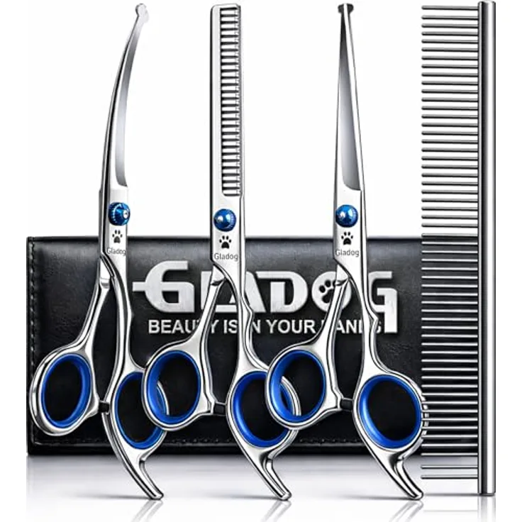 GLADOG Hundeschere Set Profi 4 in 1, Fellschere aus 4CR Edelstahl mit Titanbeschichtung, gerade & gebogene Schere, Effilierschere, rundspitzig, blau