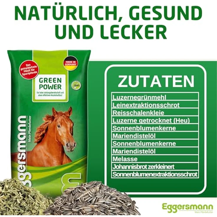 Eggersmann Green Power 20 kg, getreidefreies Pferdemüsli für leistungsbezogene Pferde, erhöhtes Kauvergnügen, reduzierter Zuckeranteil, Muskelaufbau Förderung, Made in Germany – Bild 4
