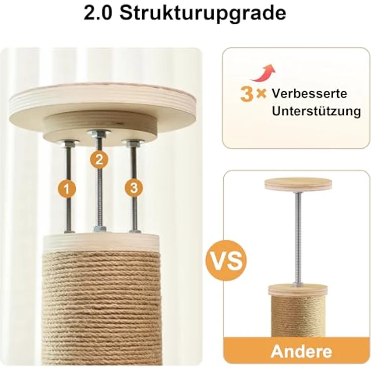 FUKUMARU Kratzbaum 6 Etagen, bis zur Decke reichender Katzenbaum (282-305cm), wandmontiert, aus Gummibaumholz, mit Katzenversteck-Zelt und Hängematte, beige – Bild 5