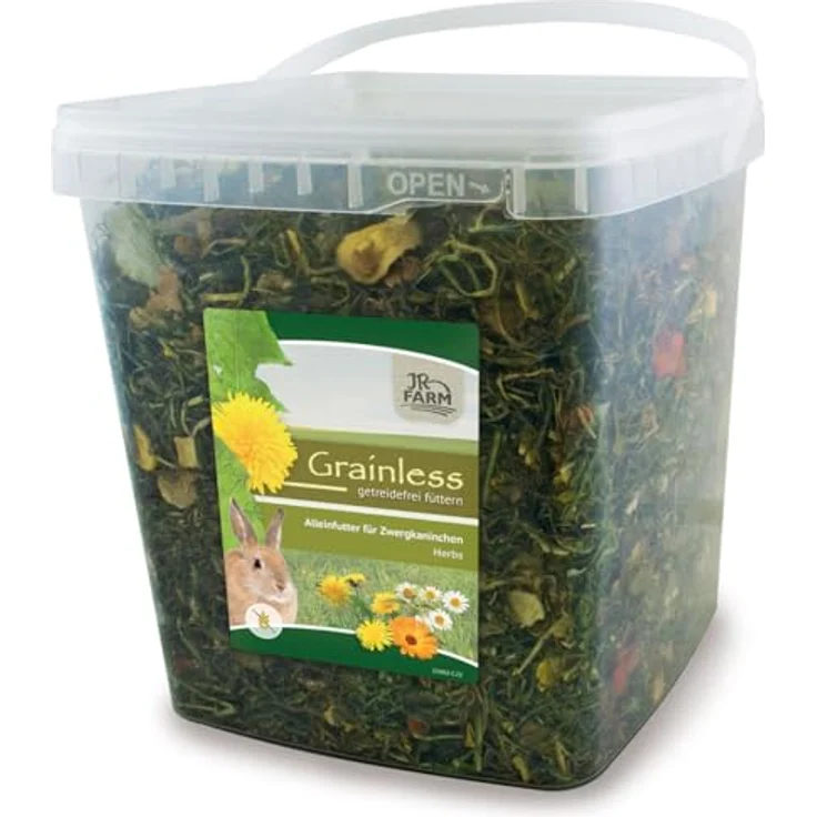 JR FARM Grainless Herbs Zwergkaninchen, 5l Eimer (1 kg) – getreidefreies Kleintierfutter mit ballaststoffreichen Kräutern und Gemüse für optimale Verdauung und Zahngesundheit – Bild 1