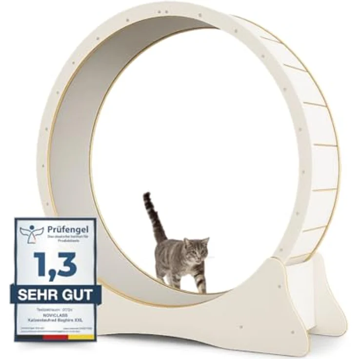 noviclass® Katzenlaufrad Baghira Groß XXL, 132 cm Durchmesser, artgerecht für große Katzen, kratzfest, stabil und leise, weiß, inkl. Gratis Spielzeug und E-Book, geprüfte Qualität – Bild 1