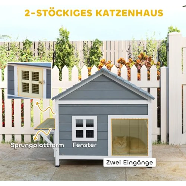 PawHut 2-Etagen Katzenhaus aus Holz, Outdoor Katzenhöhle mit wasserdicht aufklappbarem Dach, erhöhter Basis und seitlicher Plattform, für 1-2 Katzen bis 5 kg, Grau, 101x72,5x81 cm – Bild 4