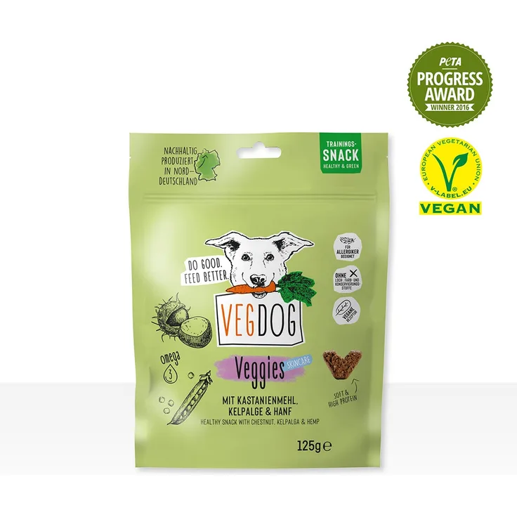 VEGDOG VEGGIES Skincare, Vegane Hundesnacks mit Kelpalge und Hanf, 125 g, getreidefrei