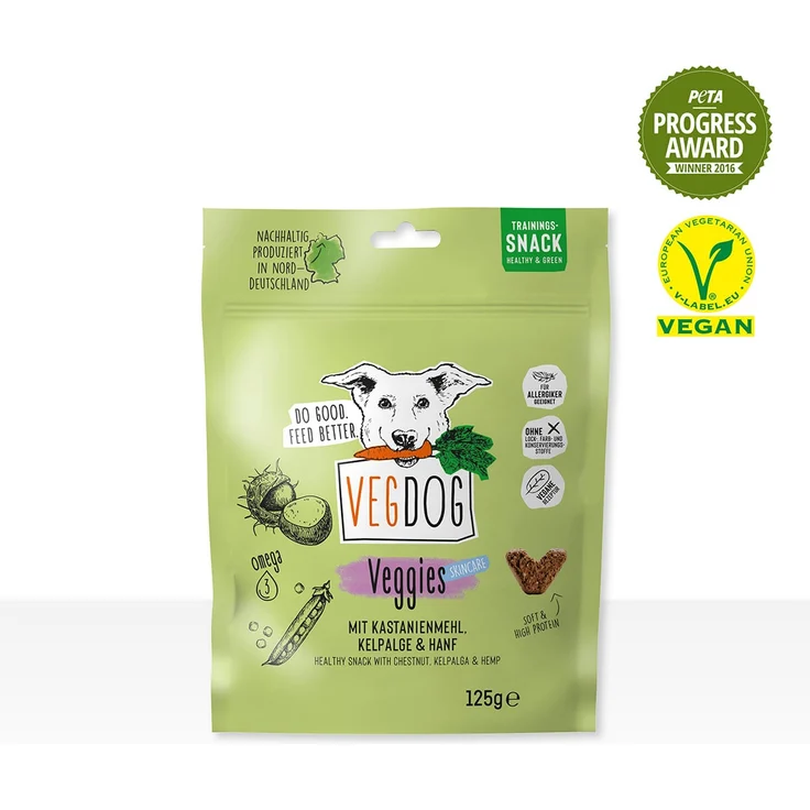 VEGDOG VEGGIES Skincare, Vegane Hundesnacks mit Kelpalge und Hanf, 125 g, getreidefrei