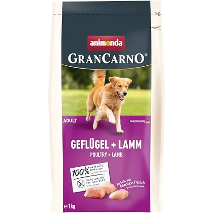 animonda GranCarno Adult Geflügel + Lamm, Hundefutter 4 x 1 kg, glutenfrei und weizenfrei, optimal zur Mischfütterung