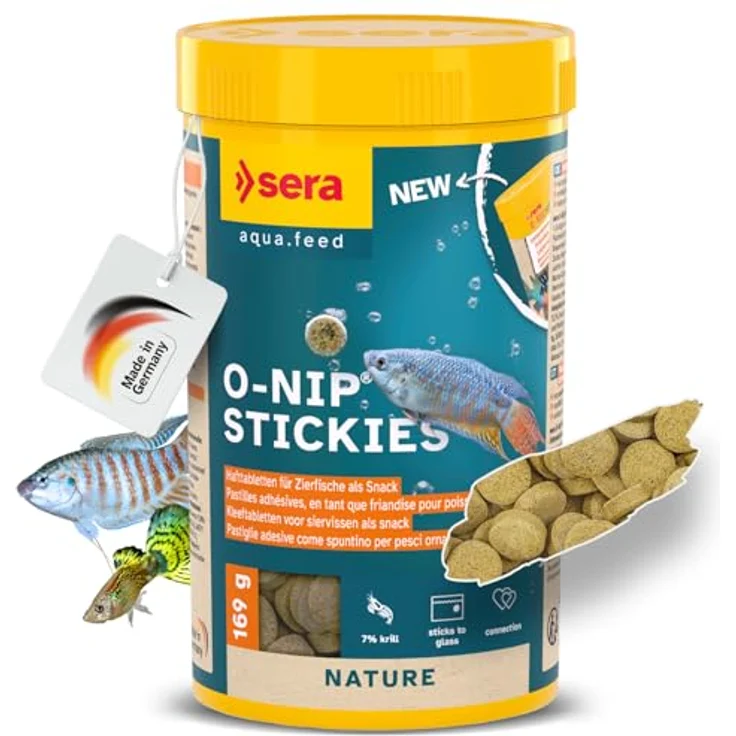 sera O-Nip Stickies 250 ml (169 g), haftende Leckerbissen-Tabs für Zierfische mit Mückenlarven, Tubifex & 7% Krill, ohne Farb- & Konservierungsstoffe, wasserfreundlich, zur Beobachtung am Aquarienglas – Bild 1