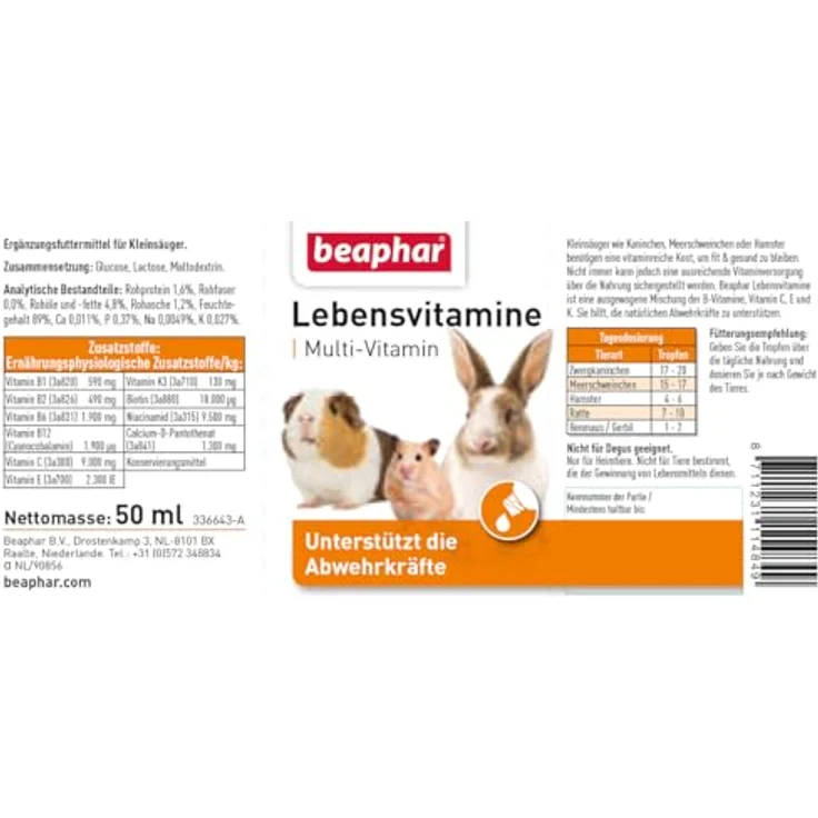 Beaphar Lebensvitamine 50ml, vitaminreiche Nahrungsergänzung für Kleinsäuger, unterstützt das Immunsystem und fördert ein gesundes Fell. – Bild 2