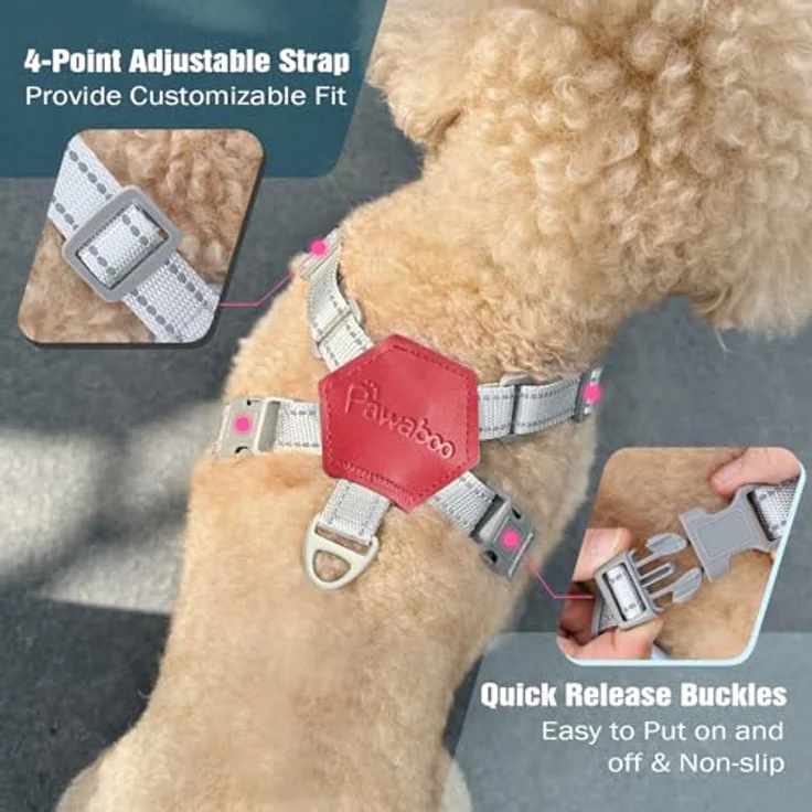 Pawaboo Hundegeschirr mit Hundeleine Set, Verstellbares Anti-Zug X-Rahmen Brustgeschirr für Kleine und Mittelgroße Hunde, M, Rosa Kariert – Bild 4