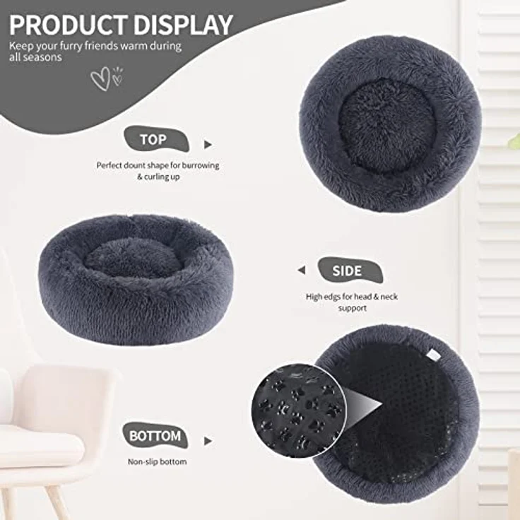BVAGSS Hundebett Rund XH034, Flauschiges Donut Katzenbett aus ultraweichem Plüsch, Waschbar, Ø 80 cm, Dunkelgrau – Bild 3