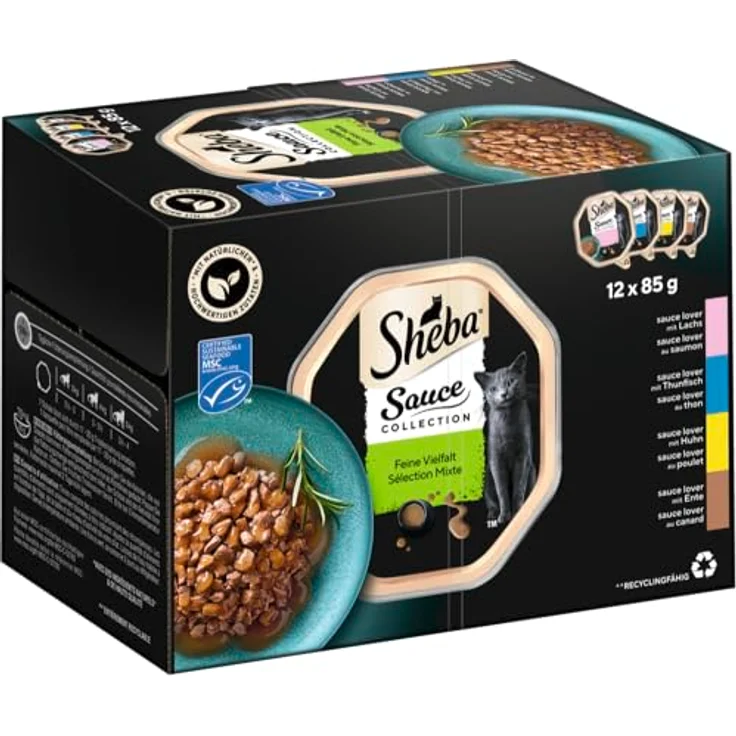 Sheba Sauce Collection Multipack, Katzen-Nassfutter mit Lachs, Thunfisch, Huhn und Ente, 12x85g, MSC-zertifizierter Fisch – Bild 1
