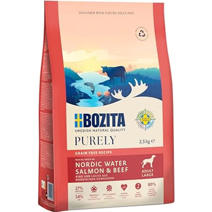 Bozita Dog Purely Adult Large, Trockenfutter mit Lachs & Rind, getreidefrei, 2,5 kg