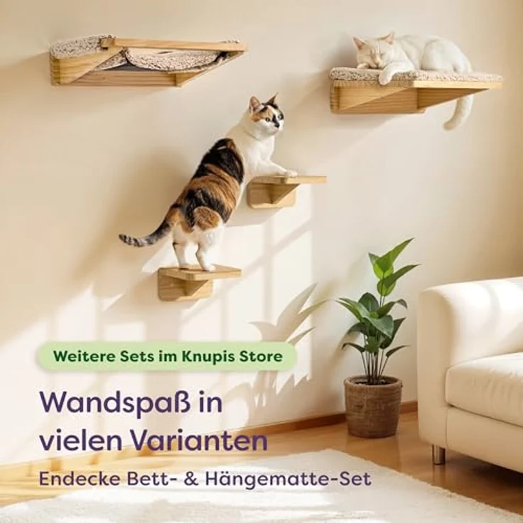 Niboline Knupis Kletterwand Katzen Set, 3er Katzentreppe aus FSC® Kiefernholz, stabil bis 30 kg, beige – Bild 7