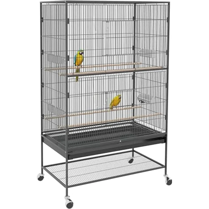 PawHut Vogelkäfig Vogelbauer, Vogelhaus mit Sitzstangen und Rollen, für kleine Vögel, Stahl, Grau, 94 x 57 x 153 cm – Bild 1