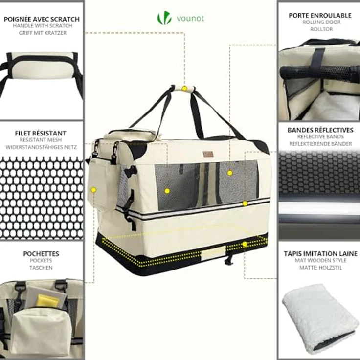 VOUNOT Faltbare Hundebox, Transportbox für Katzen und Hunde, atmungsaktiv, Oxford-Gewebe, Metallrahmen, 2 Taschen, 70x52x52cm, Beige – Bild 5