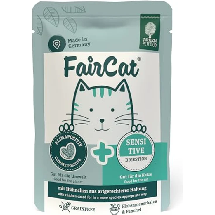 Green Petfood FairCat Sensitive, getreidefreies Katzen-Nassfutter mit Flohsamenschalen & Fenchel, 8 x 85 g für wählerische Katzen, angenehmer Duft, ohne Tierversuche – Bild 3