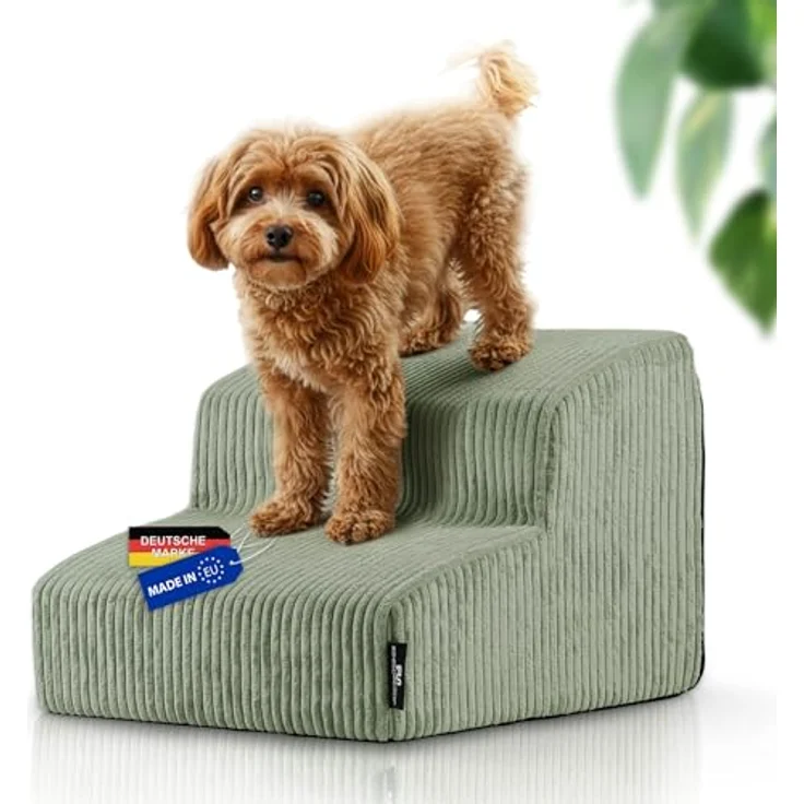 Rohrschneider Hundetreppe für kleine Hunde, rutschfeste Katzentreppe mit waschbarem Cordbezug und Schaumstofffüllung, Made in EU, Salbei – Bild 1