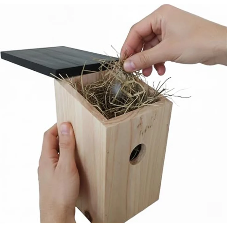Relaxdays Nistkasten 4er Set, Vogelhäuschen für Spatzen & Meisen, 32 mm Einflugloch, mit Dachklappe, Natur/schwarz – Bild 5