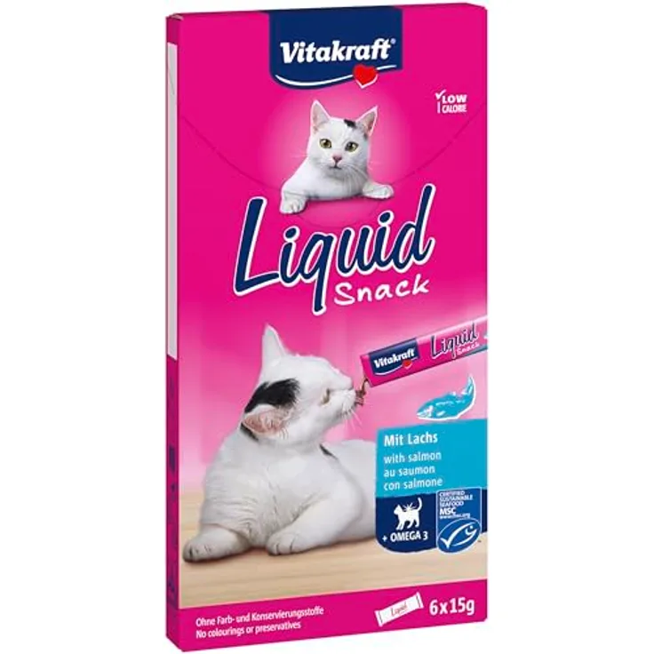 Vitakraft Cat Liquid-Snack mit Lachs + Omega 3, Katzensnack im Sparpaket 24 x 15 g, kalorienarm, ohne Farb- und Konservierungsstoffe