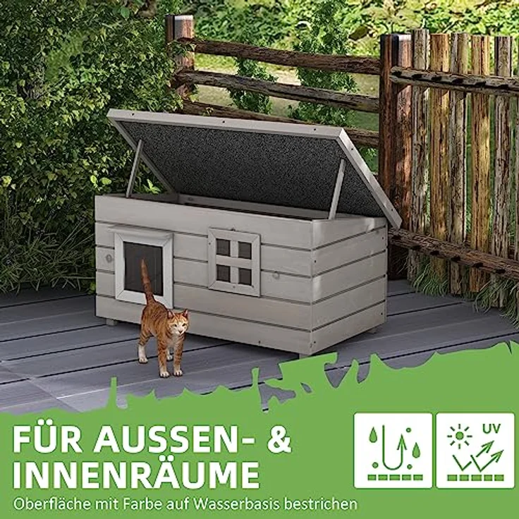 PawHut Katzenhaus aus Holz, wasserdicht mit Asphaltdach, klappbarem Deckel und Fenster, winterfest, 87 x 52 x 44 cm, grau – Bild 4
