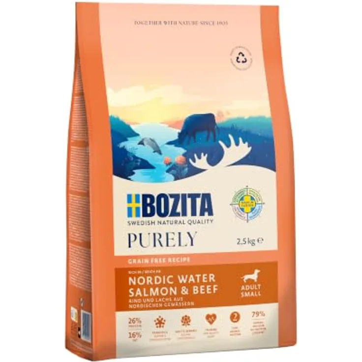 Bozita Dog Purely Adult Small LACHS & RIND Grain Free, 2,5kg - Duo Protein Hundefutter für kleine bis mittelgroße Rassen, ohne Huhn, mit FOS und Taurin
