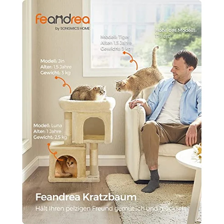 Feandrea Kratzbaum klein PCT611M01, 67 cm Katzenbaum für Kätzchen bis 3 kg, große Plattform, 2 Höhlen, Sisalstämme, beige – Bild 3