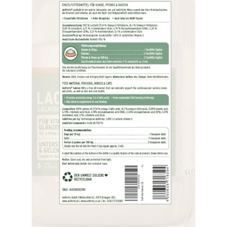 AniForte Lachsöl 5l, 100% reines Lachsöl für Hunde, Katzen und Pferde, unterstützt Haut- und Fellgesundheit mit Omega-3-Fettsäuren – Bild 8