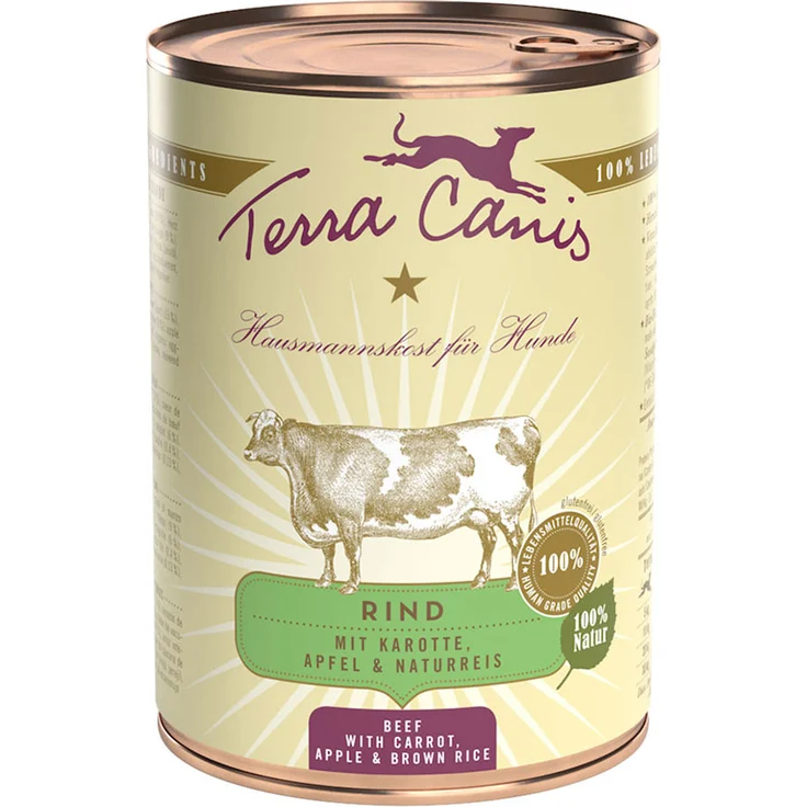 Terra Canis Sparpaket Classic 12 x 400 g Rind mit Karotte, Apfel & Naturreis, Premium-Hunde-Nassfutter in Lebensmittelqualität, glutenfrei und getreidearm