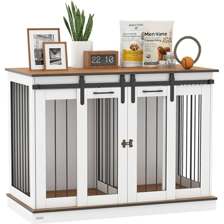 PawHut Hundekäfig Möbel mit Zweiraum-Option, moderne Metall Hundebox für große Hunde bis 30 kg, 2 Türen, Weiß, 120 x 60 x 88,5 cm