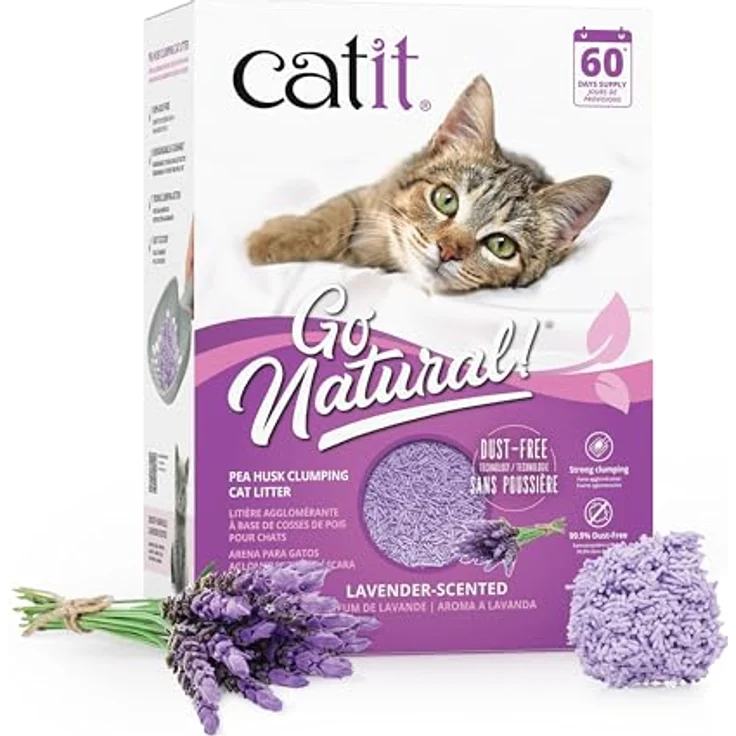 Catit Go Natural!, klumpende Erbsenhülsen-Katzenstreu mit Lavendelduft, 2 x 2.8 kg (5.6 kg), staubfrei und geruchsabsorbierend – Bild 1