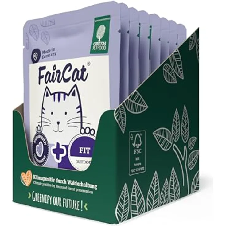 Green Petfood FairCat Fit (8 x 85 g), getreidefreies Katzennassfutter mit Tierwohl-Hühnchen und Lachs für aktive Outdoor-Katzen, 8er-Pack
