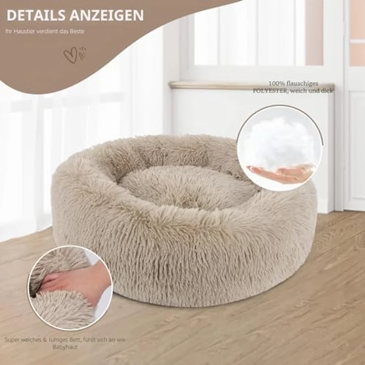 BVAGSS Hundebett Rund, Flauschiges Donut Kuschelkissen aus ultraweichem Plüsch, Waschbar, Durchmesser 80 cm, Hellbraun, für kleine und mittelgroße Hunde und Katzen – Bild 2