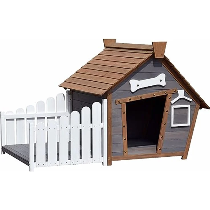 dobar® Große Hundehütte Porch, wetterfeste Holzhütte für mittelgroße Hunde mit Veranda, Spitzdach, 146,3 x 90 x 96 cm, Grau – Bild 2