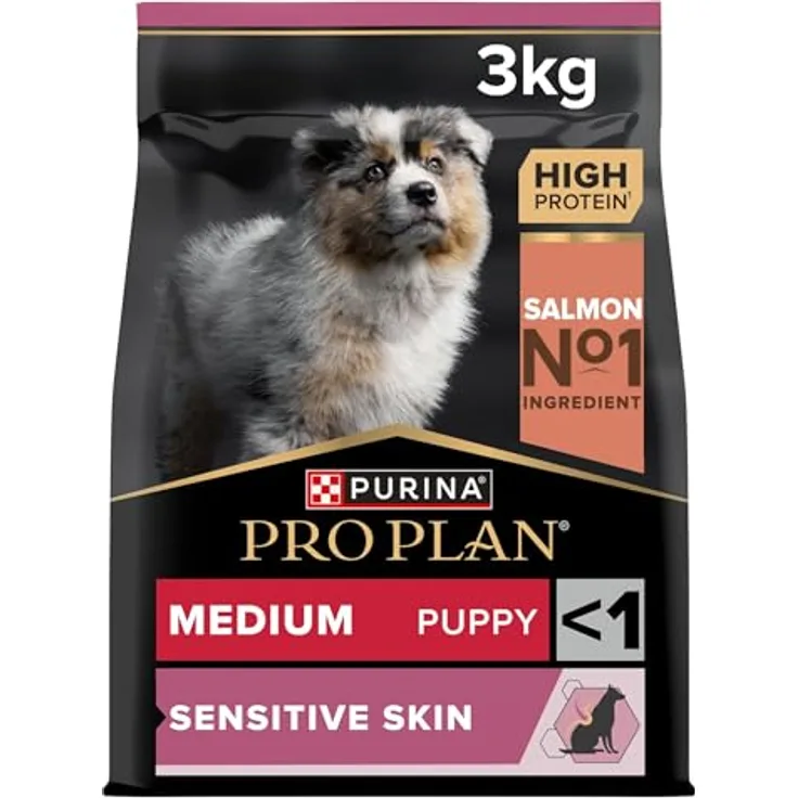 PURINA PRO PLAN Medium Puppy Sensitive Skin, Trockenfutter für Welpen mittelgroßer Rassen, 3 kg, weizenfrei, mit Lachs und Fischöl, unterstützt Haut und Fell