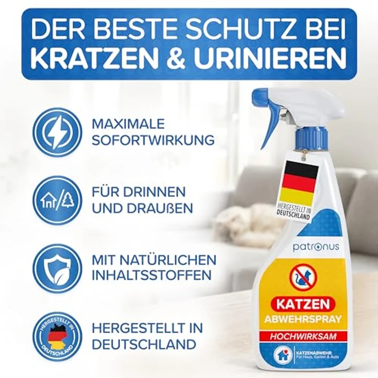 Patronus Katzen-Abwehrspray 500ml, hochwirksames Fernhalte-Spray gegen Urinieren & Kratzen - 100% natürliche Inhaltsstoffe, auch für Außenbereich – Bild 2