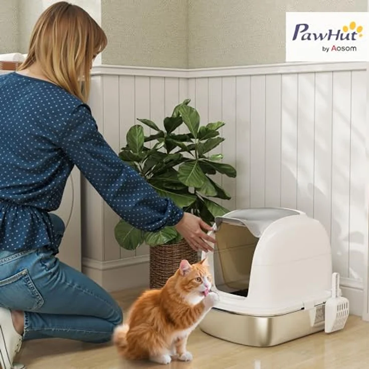 PawHut Katzenklo Edelstahl mit Deckel, geschlossene Katzentoilette inklusive Streuschaufel, für Katzen unter 5 kg, 52,4 x 41,3 x 42 cm, Weiß – Bild 2