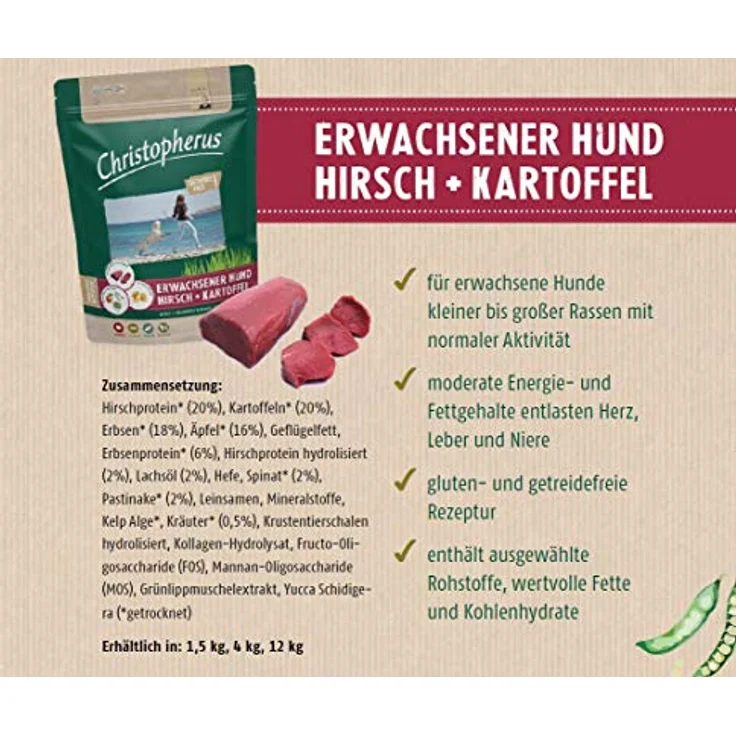 Christopherus Getreidefrei Hirsch und Kartoffel, Trockenfutter für Hunde, 2x12kg, speziell für Senioren und junge Hunde – Bild 6