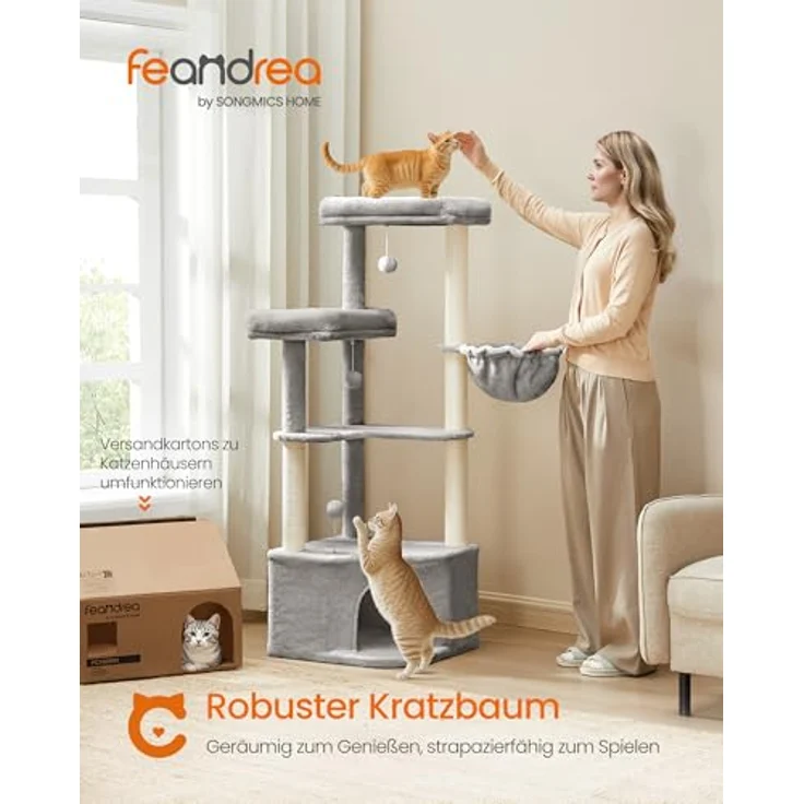 Feandrea Kratzbaum, Katzenbaum, 48,5 x 48,5 x 140,7 cm, Katzenkratzbaum mit großer Kuschelhöhle, großen Plattformen, Plüschbällen, Liegemulde, Taubengrau – Bild 3