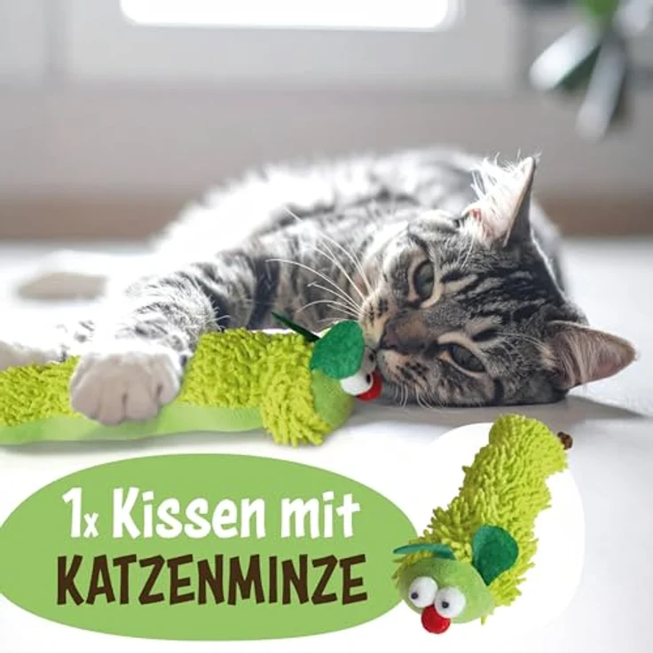 KaraLuna Katzenspielzeug Set, 6-teilig mit Plüschraupe, Fensterspielzeug, Knister-Möhre, Massage Eckbürste, interaktive Spielzeuge mit Katzenminze und Matatabi – Bild 4