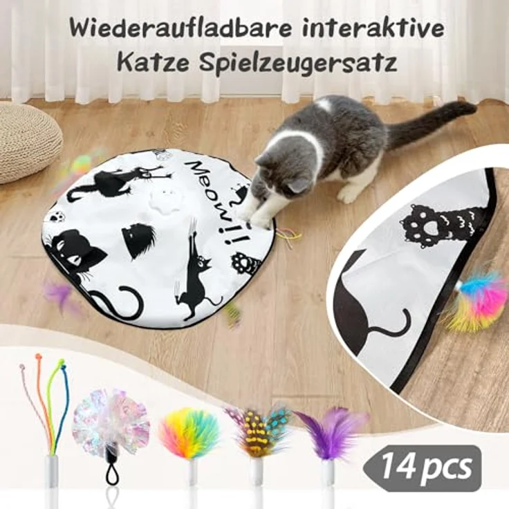 GoldenSun 14-teiliges Katzenspielzeug Set, interaktive Ersatzteile mit Naturfedern und Mylar-Knisterbällen für Indoor-Katzen, multicolor – Bild 2