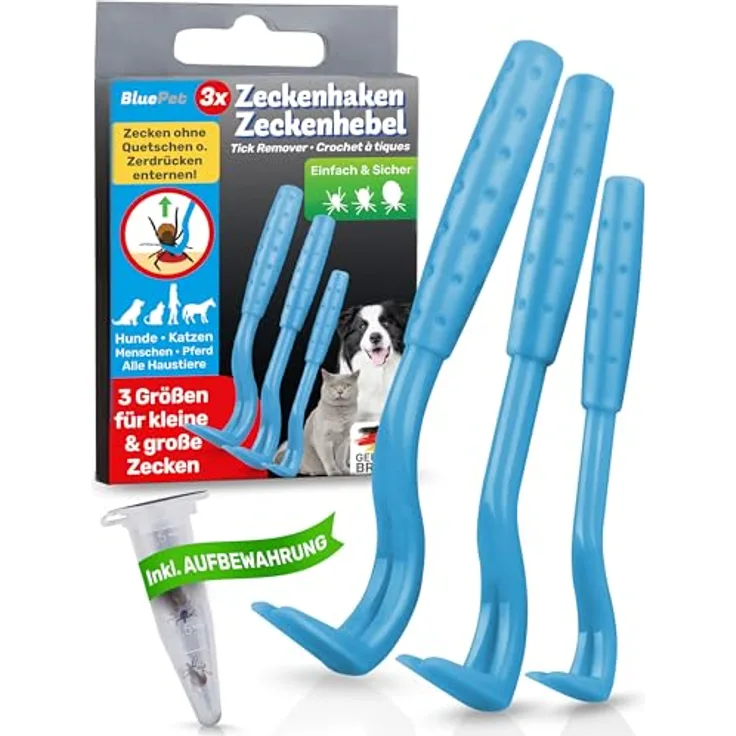 BluePet 3er Set Zeckenhaken, Zeckenentferner für Hunde, Katzen, Pferde & Menschen, präzise Handhabung, verschiedene Größen, hochwertiger Kunststoff